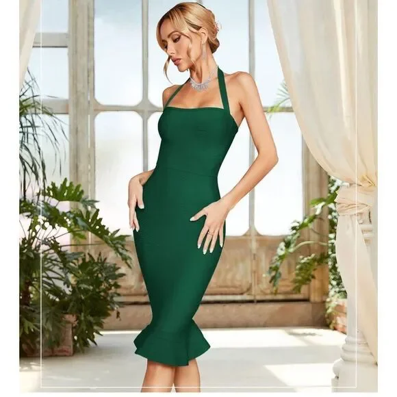 New Halter Fishtail Bandage Bodycon Dress Party M - Picture 2 of 6